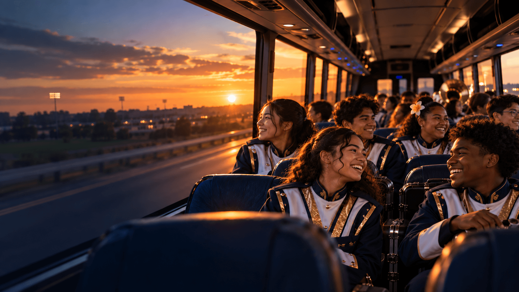 Marching band students riding together on a bus at sunset