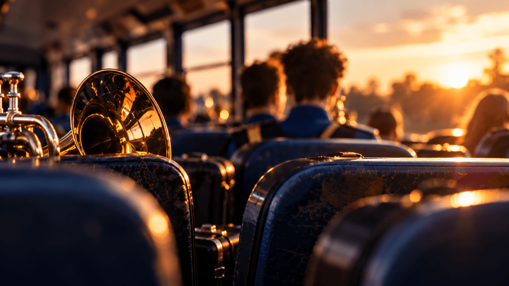Instruments and students on the bus at sunset