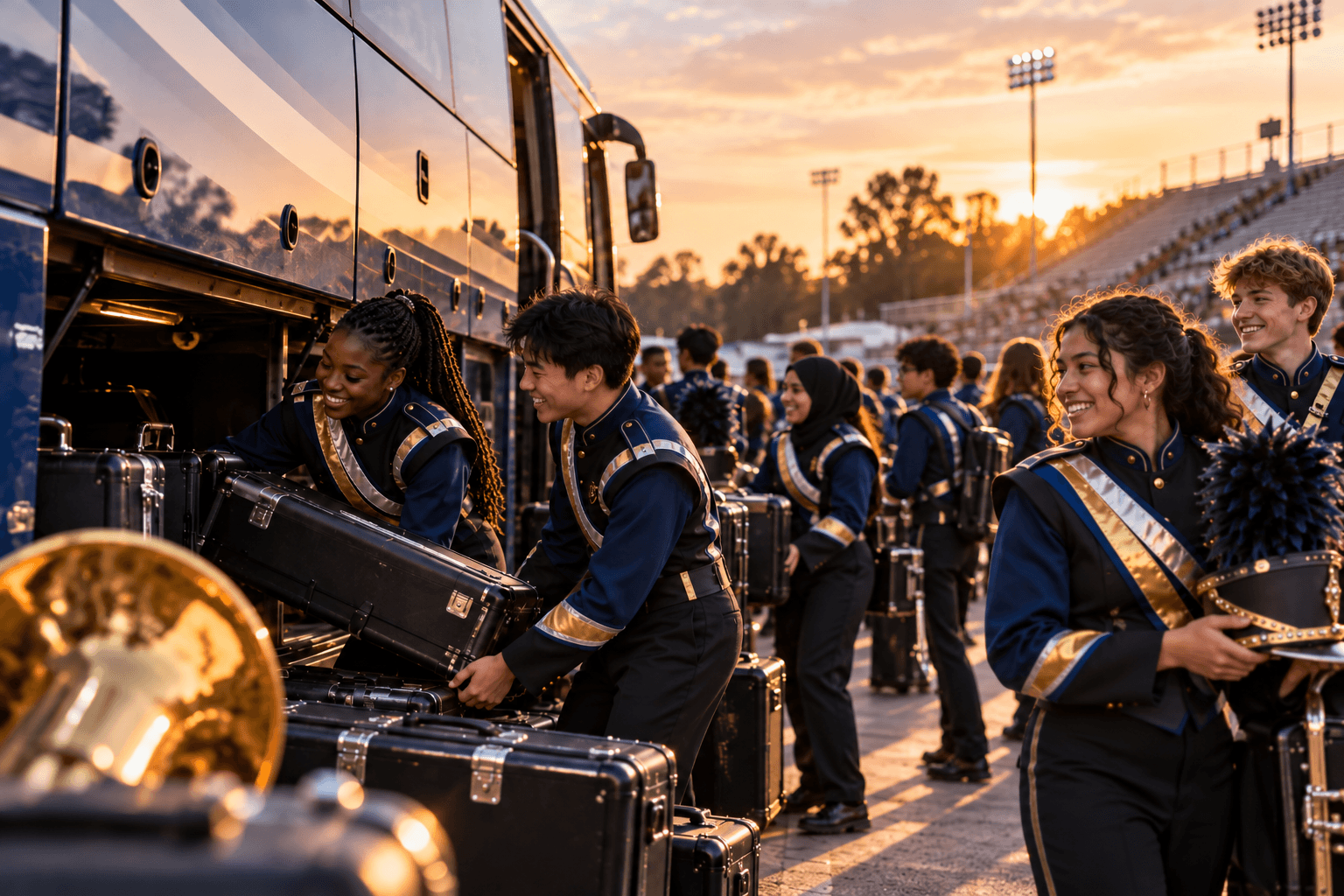 Marching band students laughing together beside the bus
