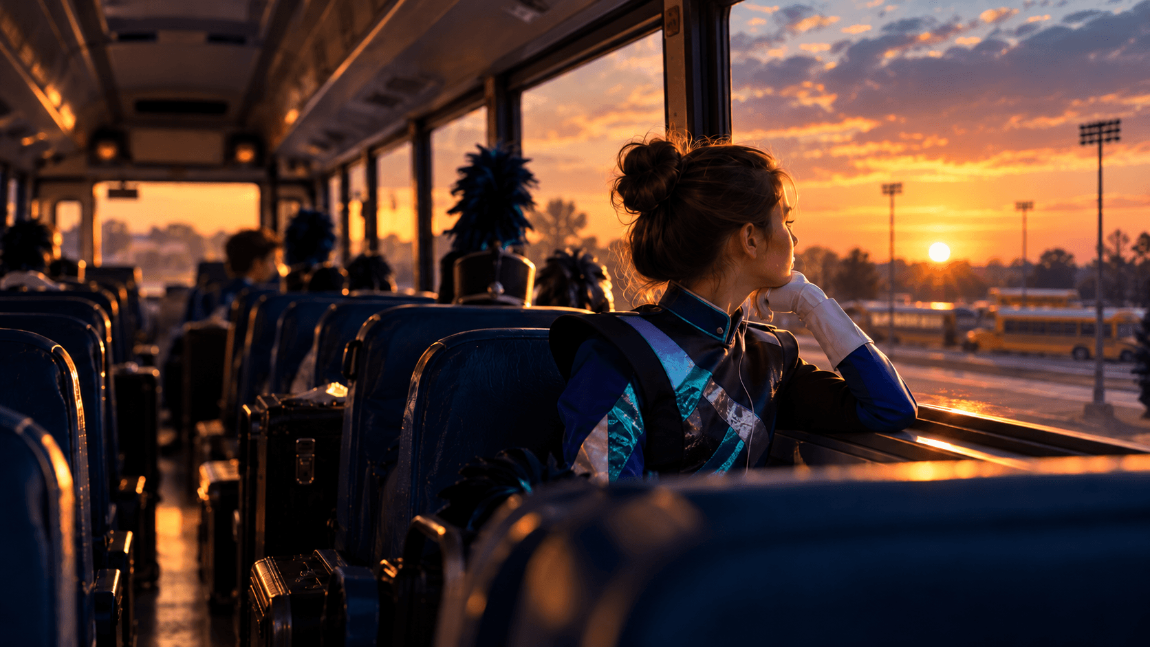 Marching band performing at sunset