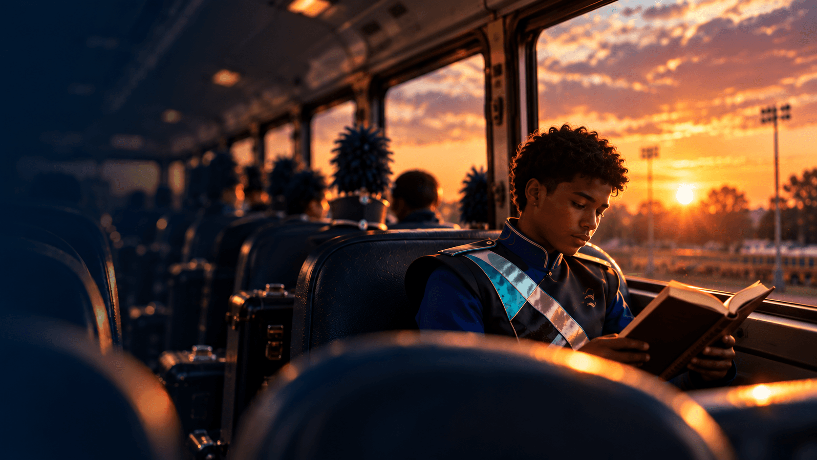 Marching band student reading on the bus at sunset