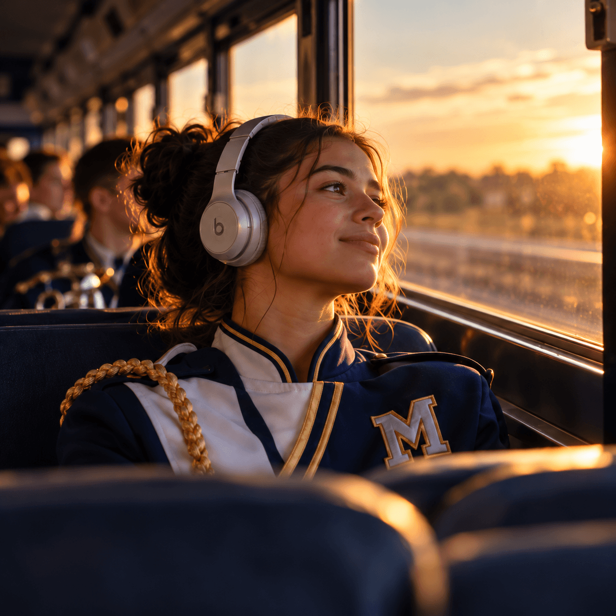 A marching band student listening to music on the bus
